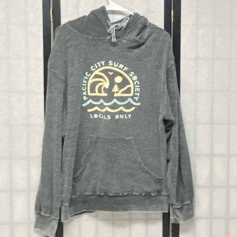 Vintage Pacific City Surf Fuzzy Hoodie L Grey Pullover Kangaroo Pocket MV Sports